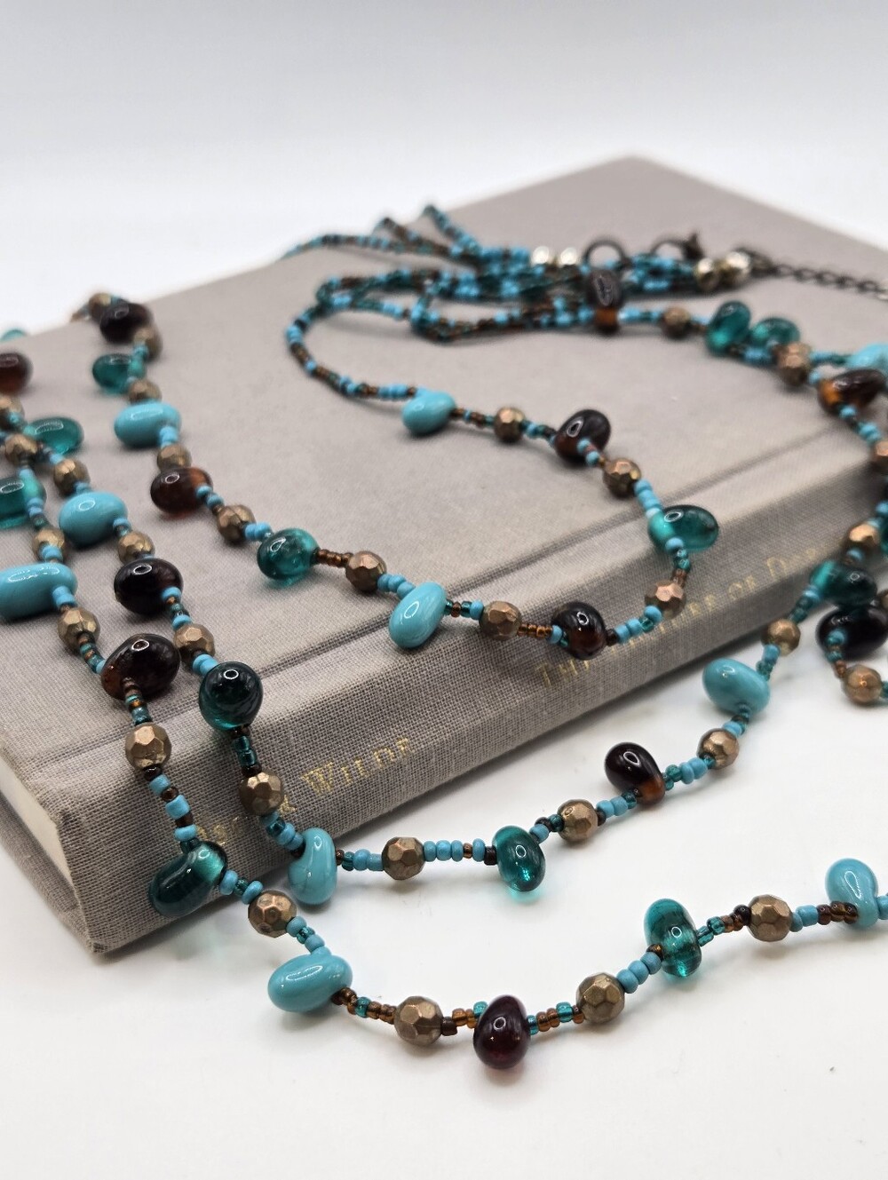 Chunky Turquoise-Tone Glass Bead Boho Necklace Fairy Southwestern Boho Bronze